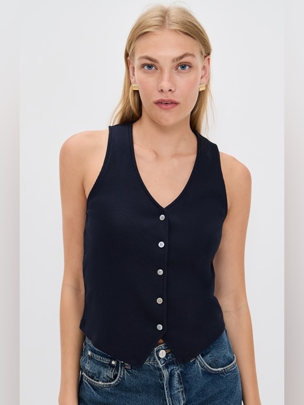 Veronica beard hoorne tank top navy blue button front nwt size xs Pima cotton